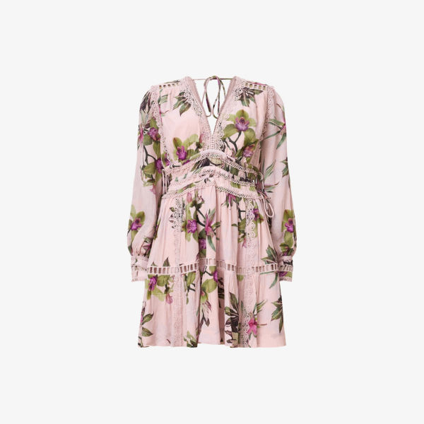 

Ксанте мини-платье из ткани с цветочным принтом Allsaints, цвет adena soft pin