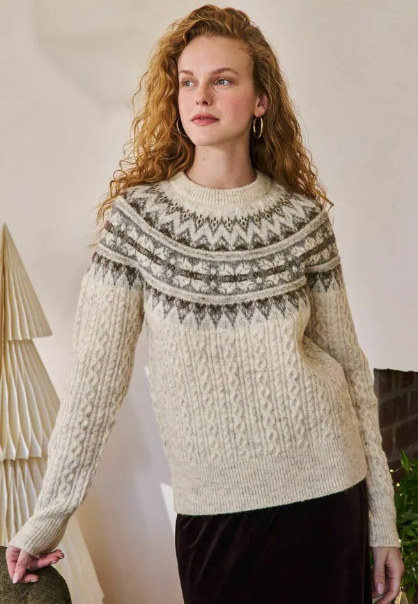 Рождественский джемпер с длинными рукавами, укороченный крой Next, Ecru Fairisle Cable Knit — фото 3