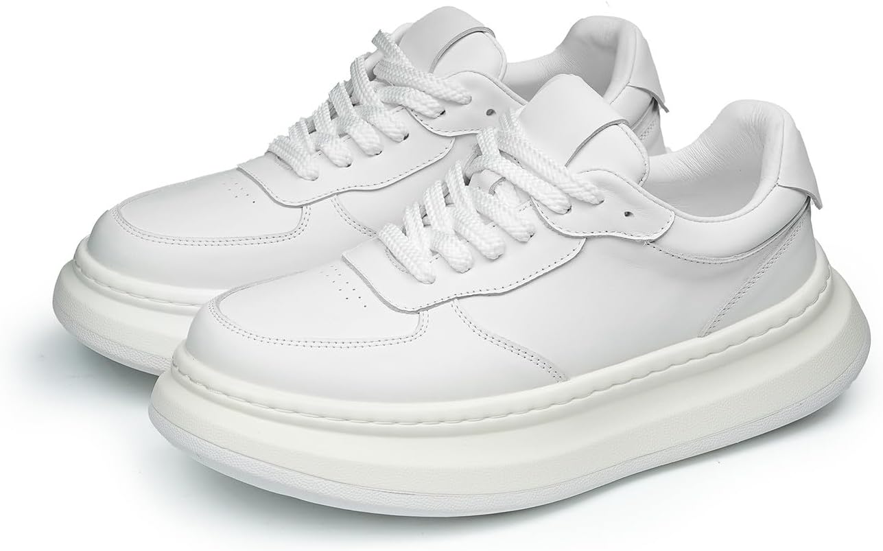 

Мужские кожаные модные кроссовки Santimon на платформе - массивный носок, низкие повседневные прогулочные туфли с противоскользящей резиновой подошвой и эффектом увеличения роста для ежедневного ношения, белый