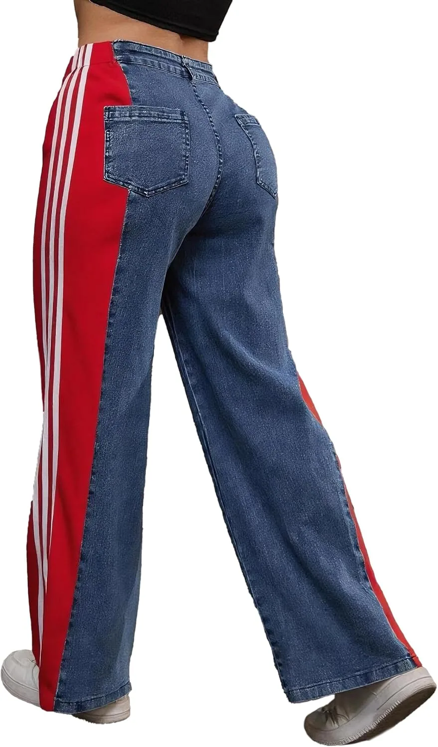 

Nihsatin женские джинсы с высокой талией и широкими штанинами в стиле спорт-стрит с красной боковой полосой