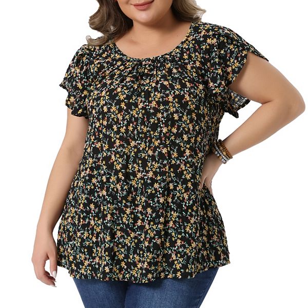 

Летний топ Plus size с цветочным принтом, круглым вырезом, плиссированной передней частью и тюльпановыми рукавами Agnes Orinda, Black