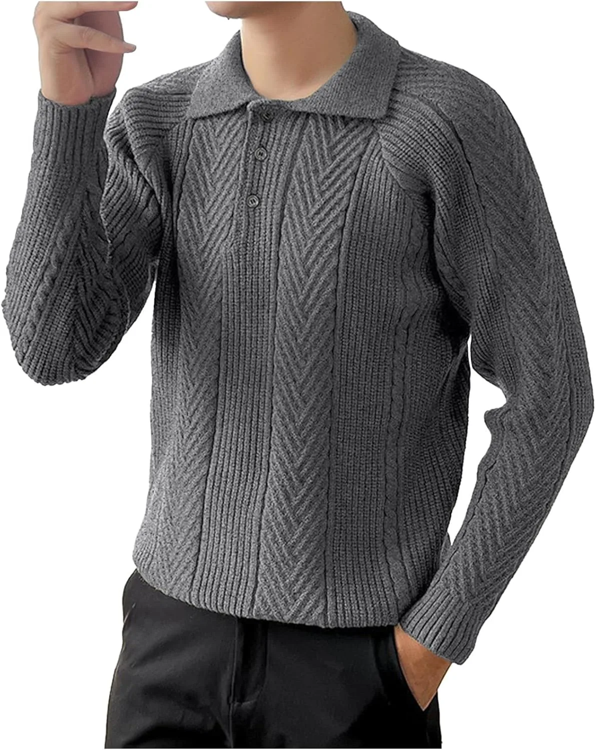 

Мужской свитер с рельефным узором и воротником на пуговицах QUNPIU