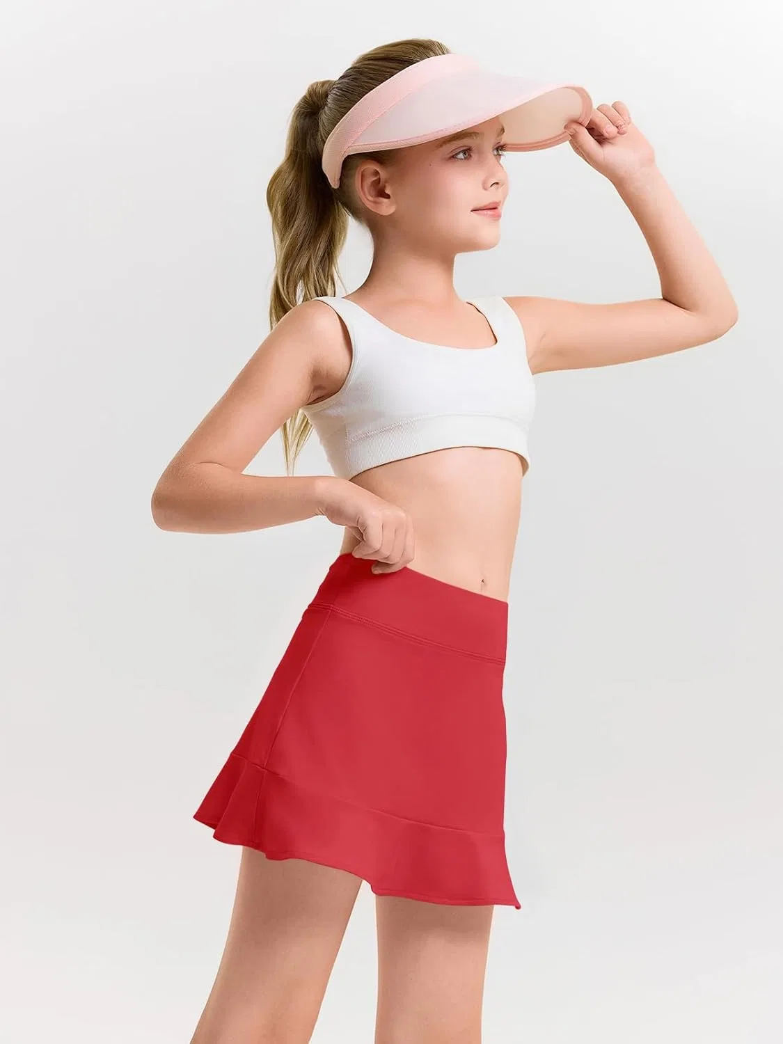 Юбка для тенниса и гольфа Haloumoning, девочкам, с шортами и карманами, Red, 5-14 лет — фото 4