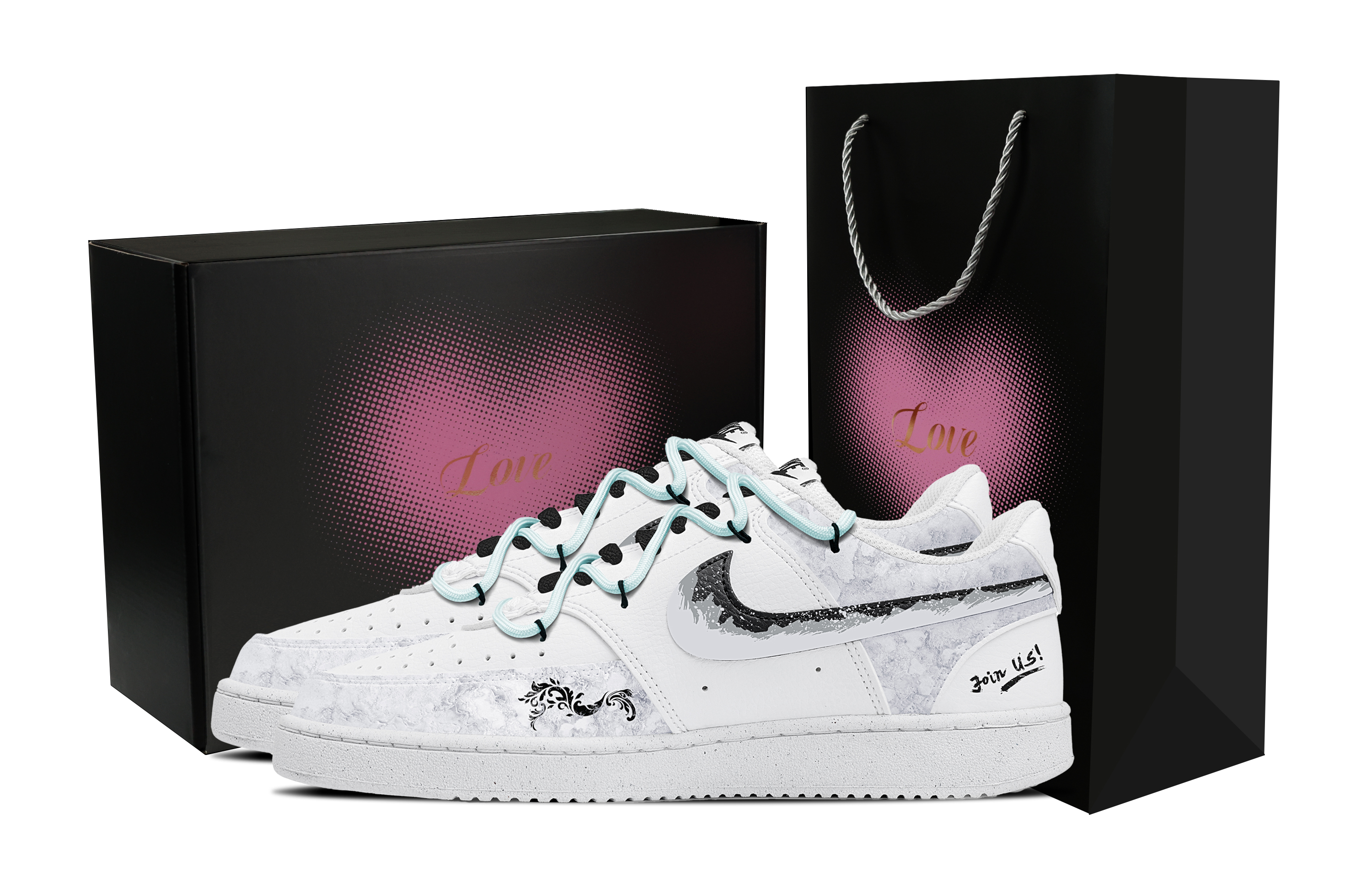 

Nike Кроссовки Court Vision 1 с рисунком розового сердца, черные, с противоскользящей амортизацией, низкие, для скейтбординга, мужские, белые