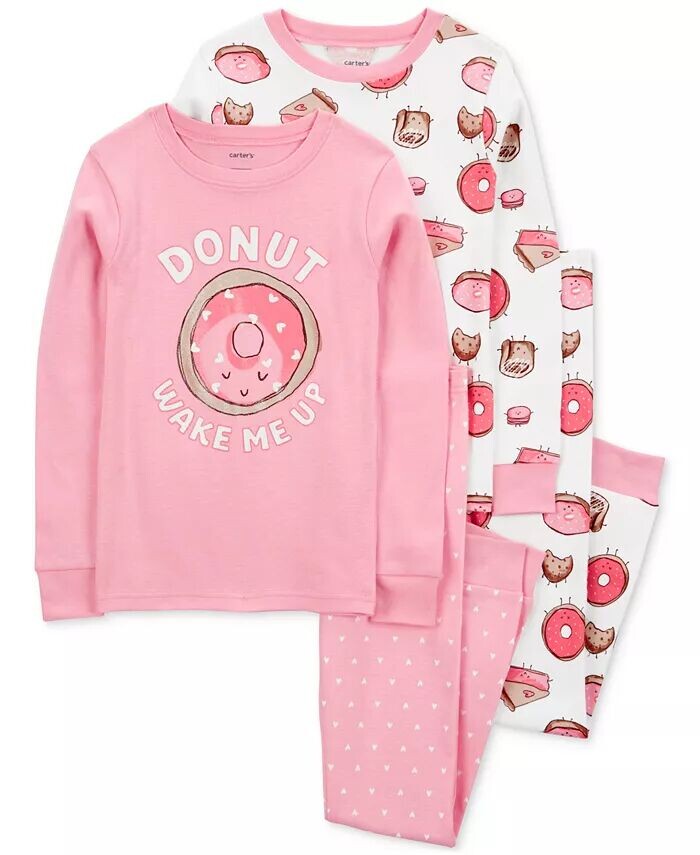 

Пижама для маленьких и больших девочек Donut Wake Me Up из 100% хлопка, облегающая, комплект из 4 предметов Carter's, розовый