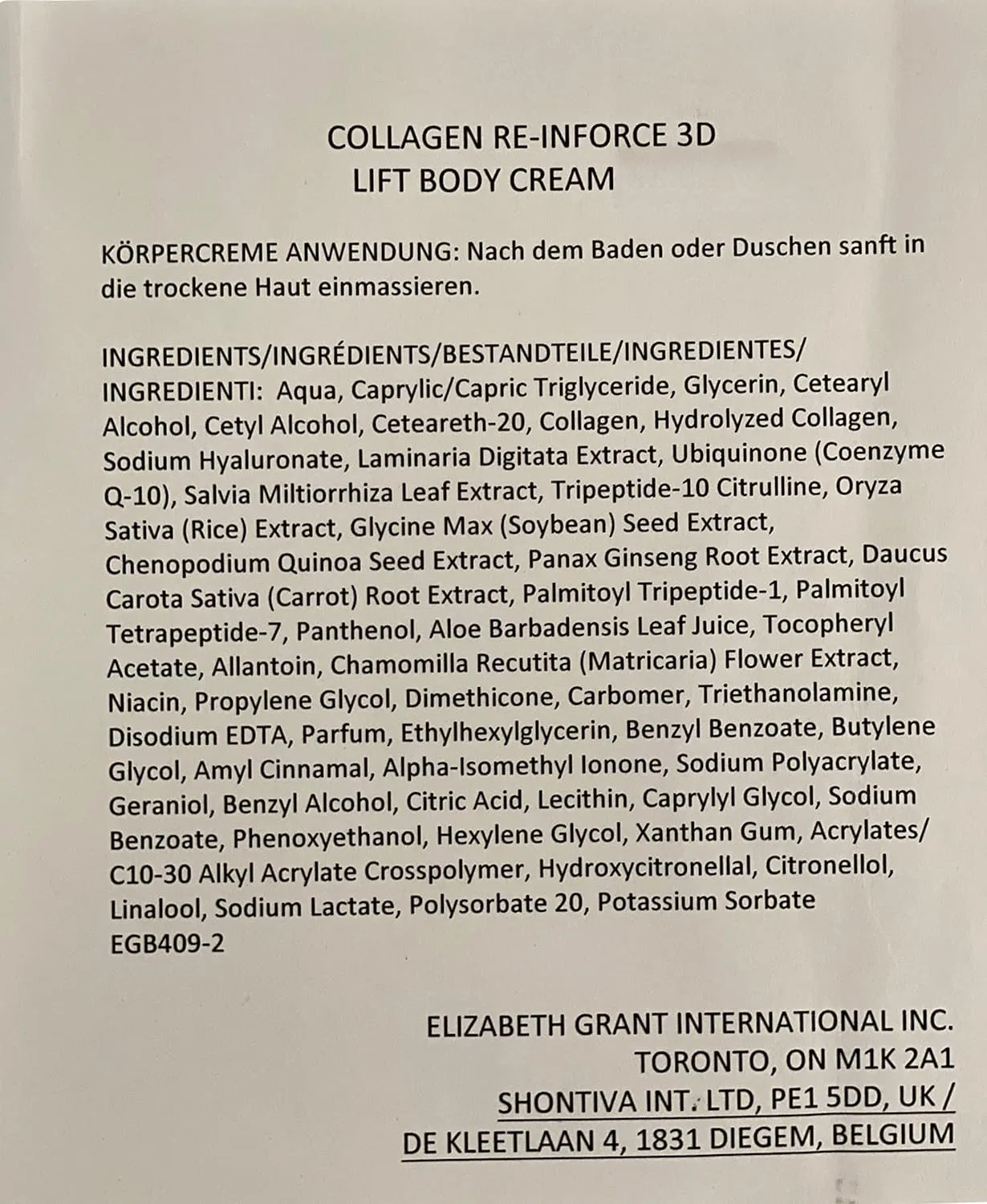 Крем для тела «COLLAGEN RE-INFORCE 3D-Lift» от Elizabeth Grant, 400 мл Collagen Re-Inforce — фото 2