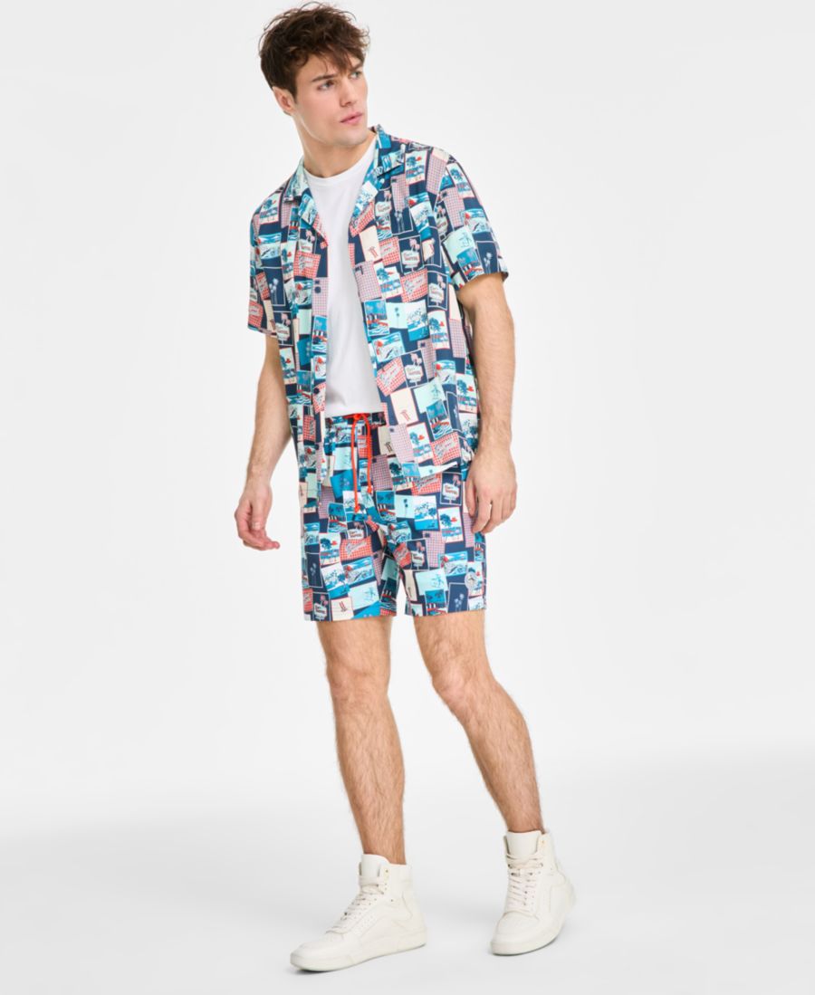 

Мужские облегающие плавки из эластичной ткани с тропическим принтом, длина 7 дюймов Original Penguin, Blue Wing Teal