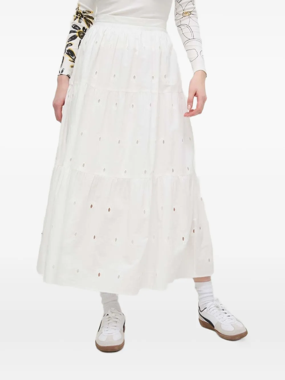 

Ярусная юбка миди с вышивкой Desigual, белый