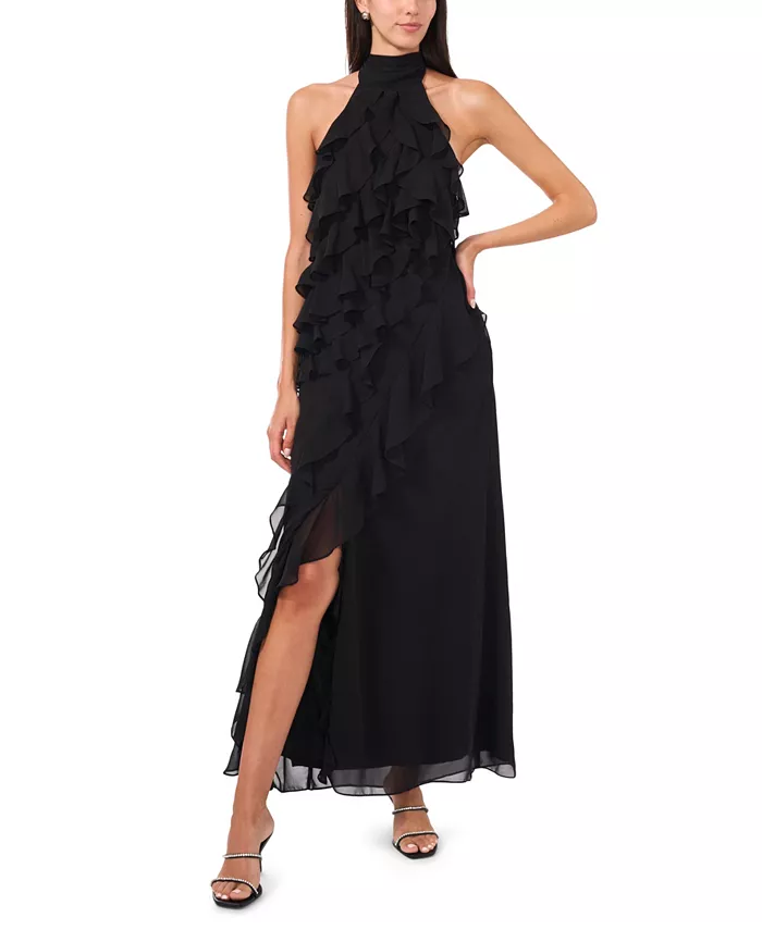 

Женское длинное платье-хомут без рукавов из шифона Cece, черный