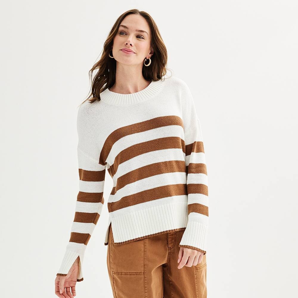 

Женский свитер Sonoma Goods For Life с круглым вырезом и боковыми разрезами, цвет White Natural Stripe