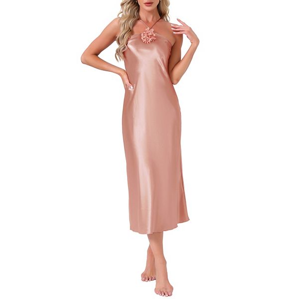

Женский ночной халат-платье миди на тонких бретелях из легкого шелковистого материала с кисточками Inspire Chic, Pink
