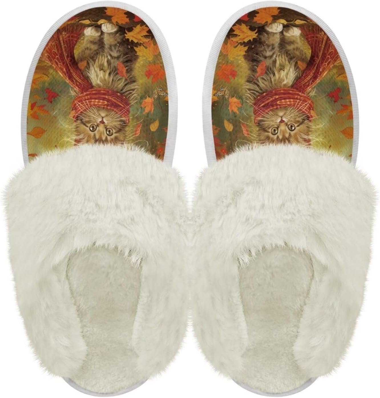 

Хлопковые тапочки PJHEQOXE с пушистыми краями, домашние тапочки для дома и улицы, хлопковые тапочки унисекс, Fall Leaves Cat