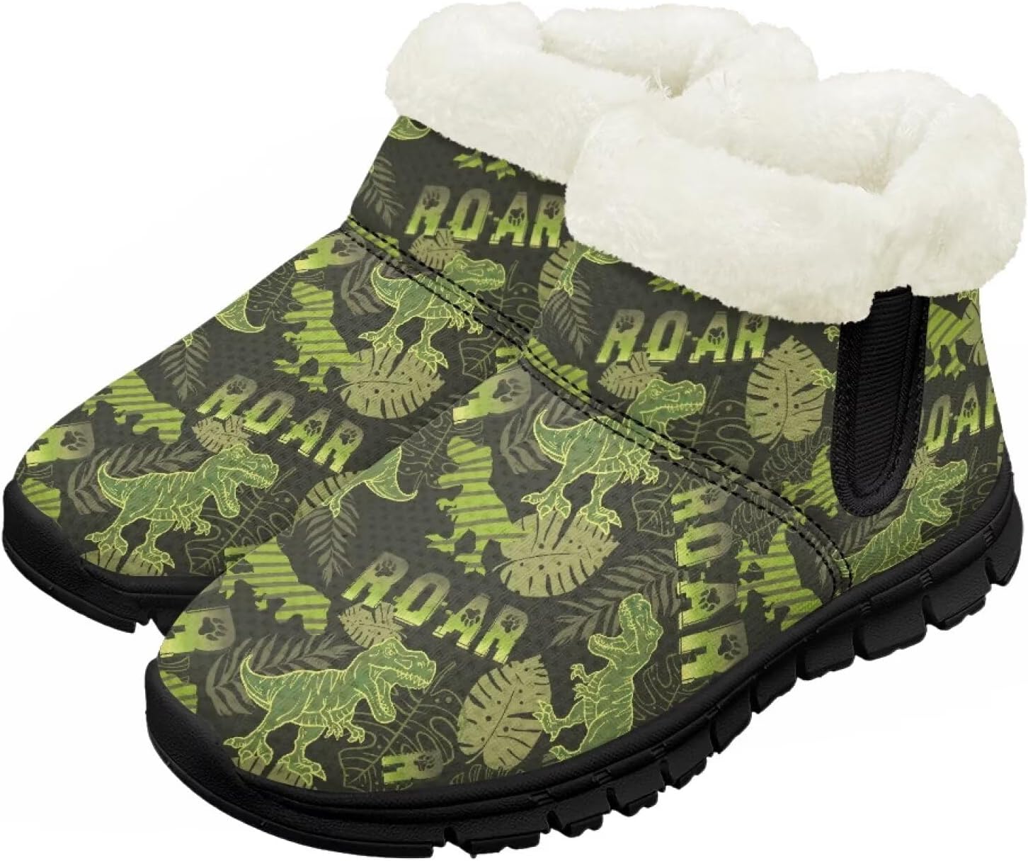 

Детские зимние ботинки для мальчиков и девочек, утепленные высокие кеды с подошвой против скольжения и флисовой подкладкой, пушистые слипоны Chririnla, Green Camouflage Dinosaur