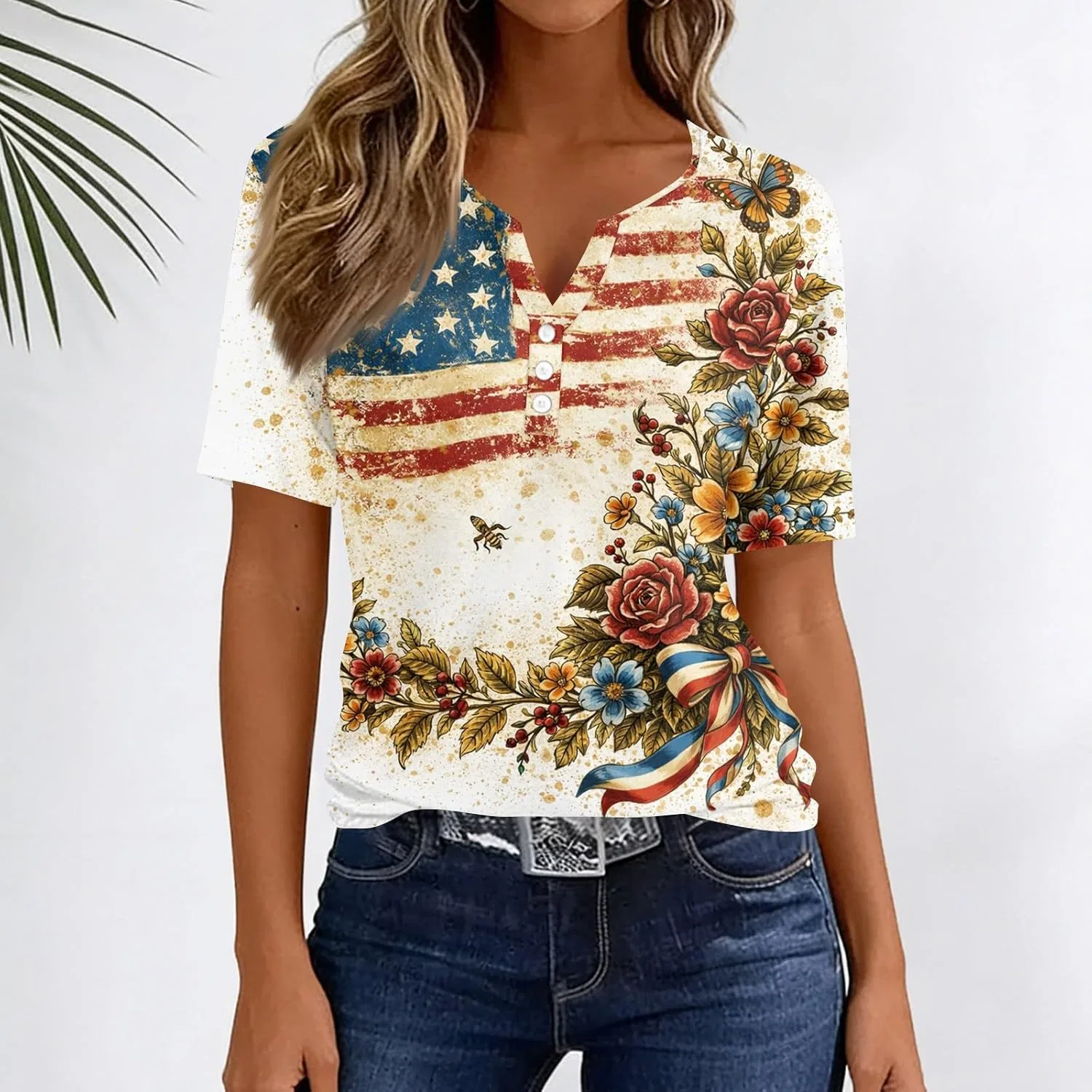 Блуза с V-образным вырезом, флагом США, женская, 1-beige — фото 4