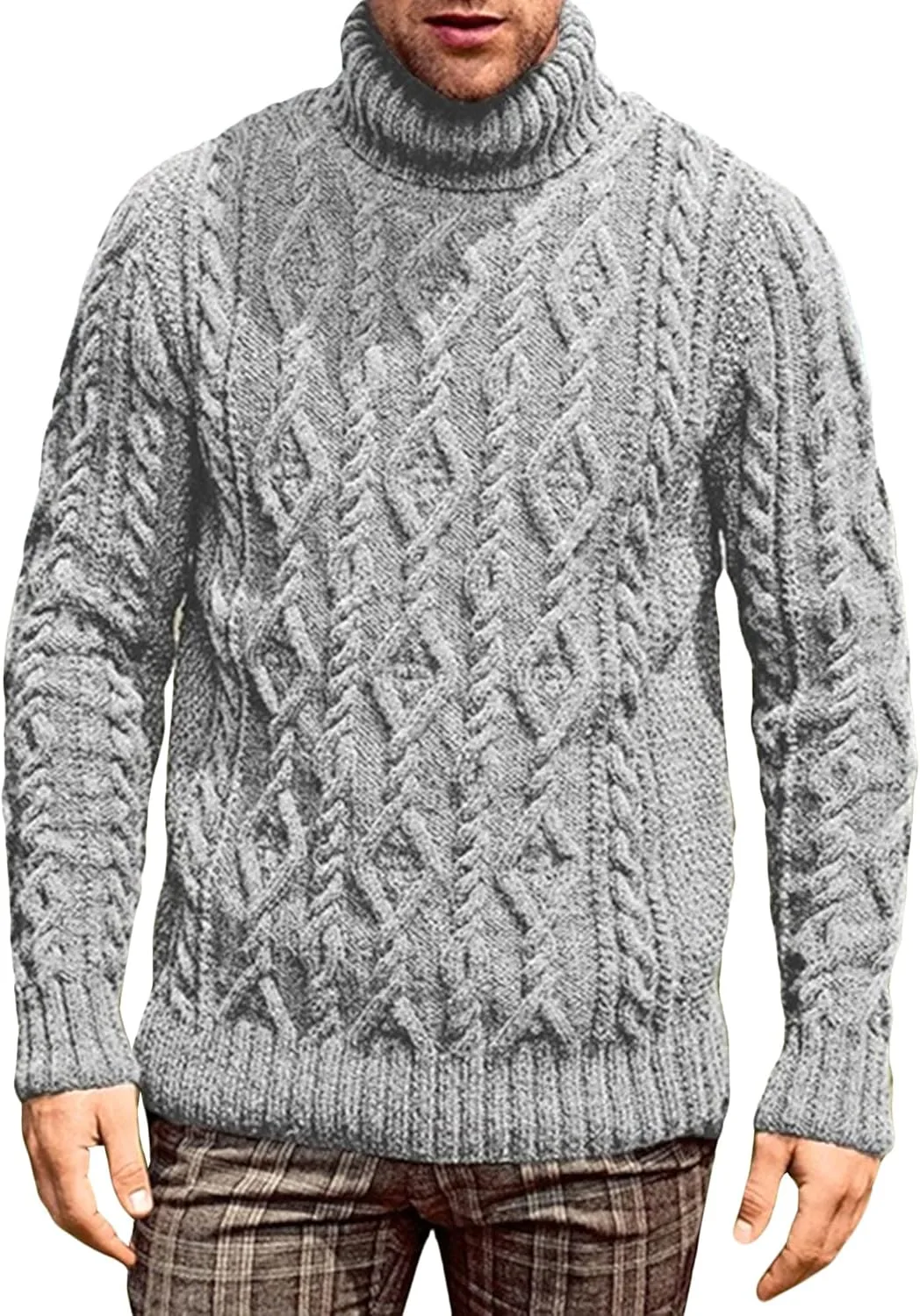 

Мужской свитер с воротником-стойкой, длинный рукав, кабельная вязка, Slim Fit