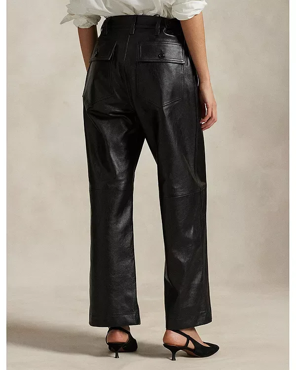 Кожаные широкие укороченные брюки-рика Ralph Lauren, Black — фото 3