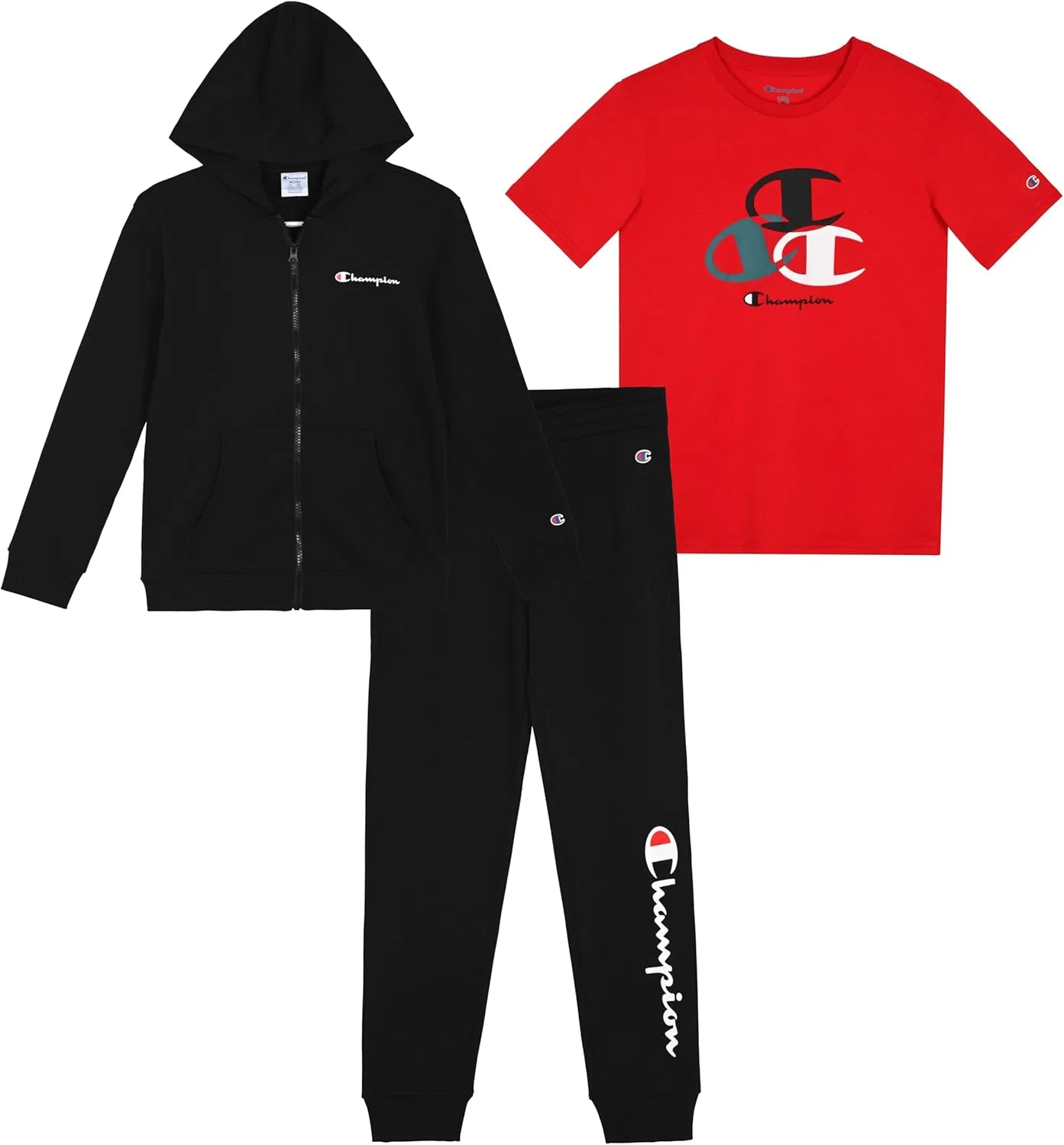 Детский спортивный костюм Champion, 3 предмета: худи, штаны и футболка, Black-red Zip