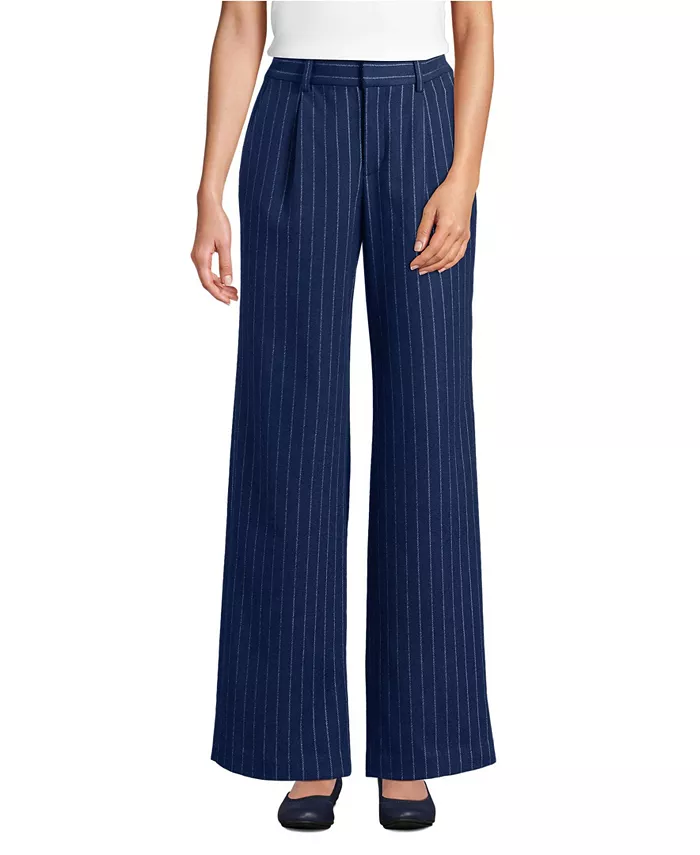 

Женские широкие брюки из фланели с высокой посадкой и складками Lands' End, синий