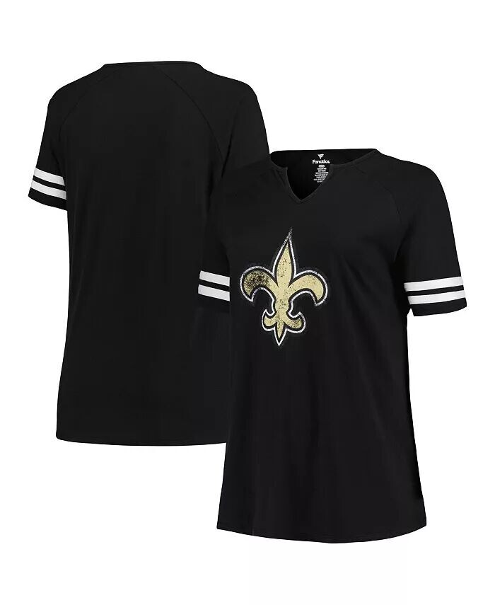 

Женская черная рваная футболка New Orleans Saints размера плюс с логотипом и вырезом, рукавами реглан Fanatics