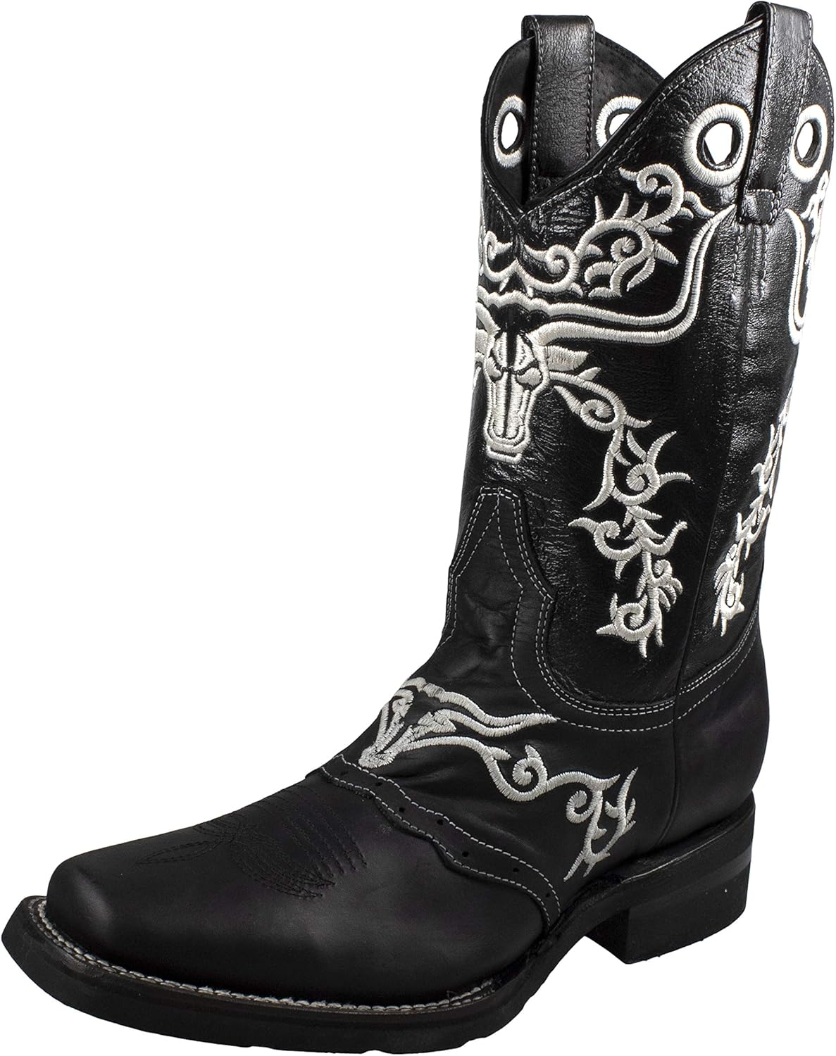 

Западные ковбойские сапоги для родео El General, с квадратным носком, из черной кожи с белой вышивкой Generic