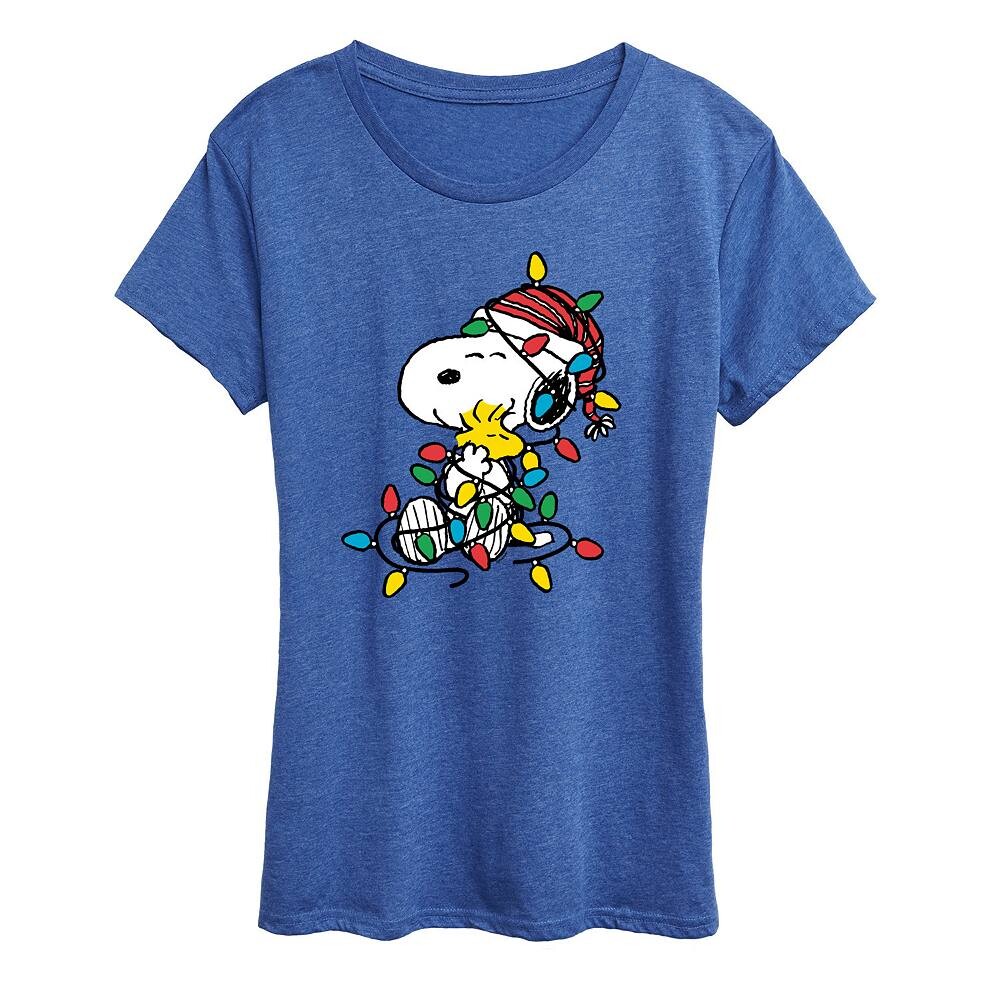 

Женская футболка с рисунком Peanuts Snoopy & Woodstock Christmas Lights Licensed Character, цвет Heather Royal Blue
