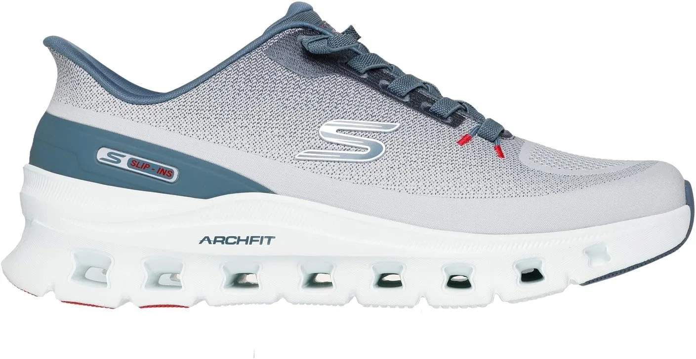 Мужские кроссовки Skechers Arch Fit Glide-Step Pro Hands Free Slip-in Trainers, Light Gray Knit Blue Pu — фото 4