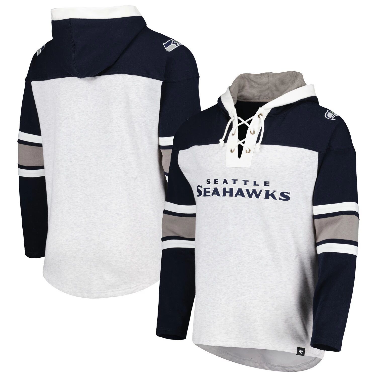 

Мужской пуловер на шнуровке с капюшоном '47 Seattle Seahawks Heather Grey Gridiron с капюшоном