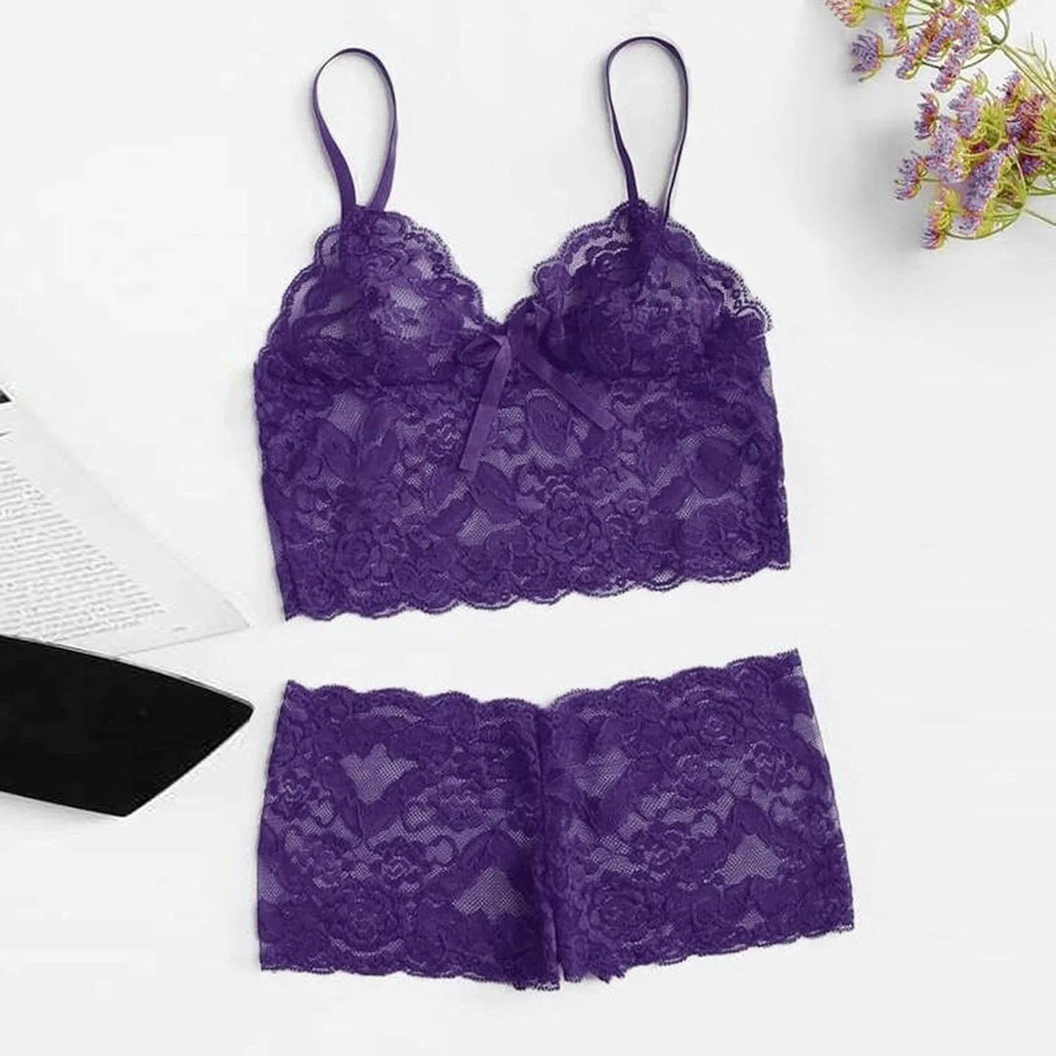 Пижамный комплект кружевной, Women's Lingerie, фиолетовый — фото 2
