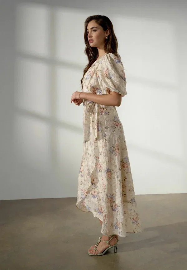 Платье Regular fit puff short sleeve wrap midi dress . maxi dress Next, розовая цветочная вышивка — фото 3
