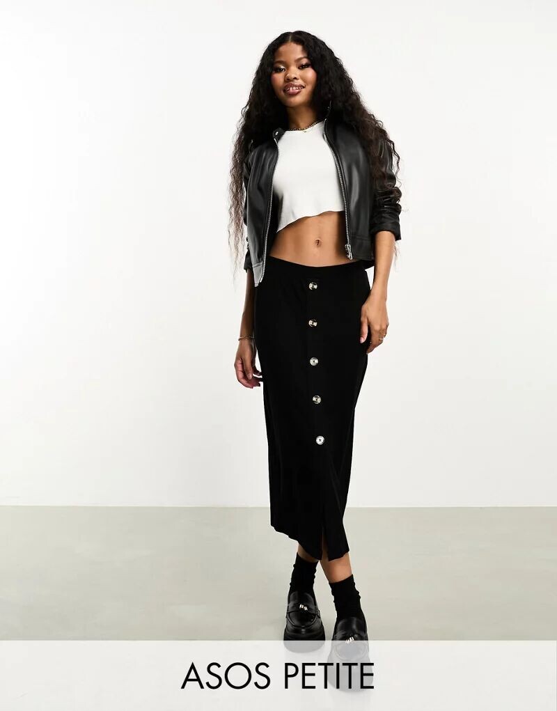 

Черная юбка миди в рубчик с роговыми пуговицами ASOS DESIGN Petite