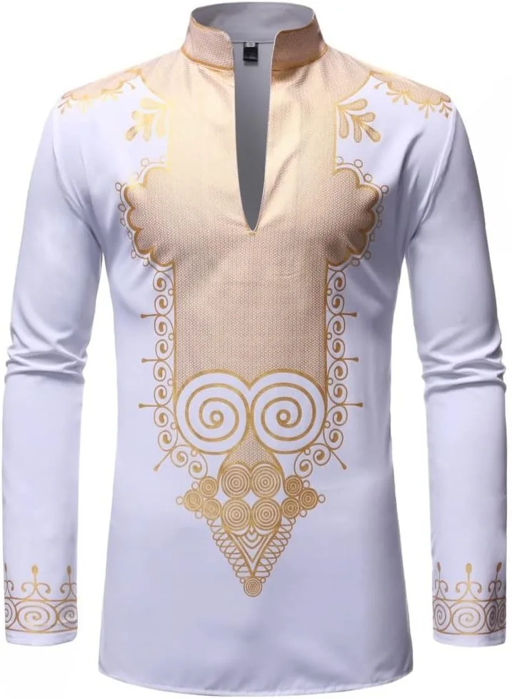 

Мужская традиционная африканская рубашка дашики с длинными рукавами и золотым принтом XSION