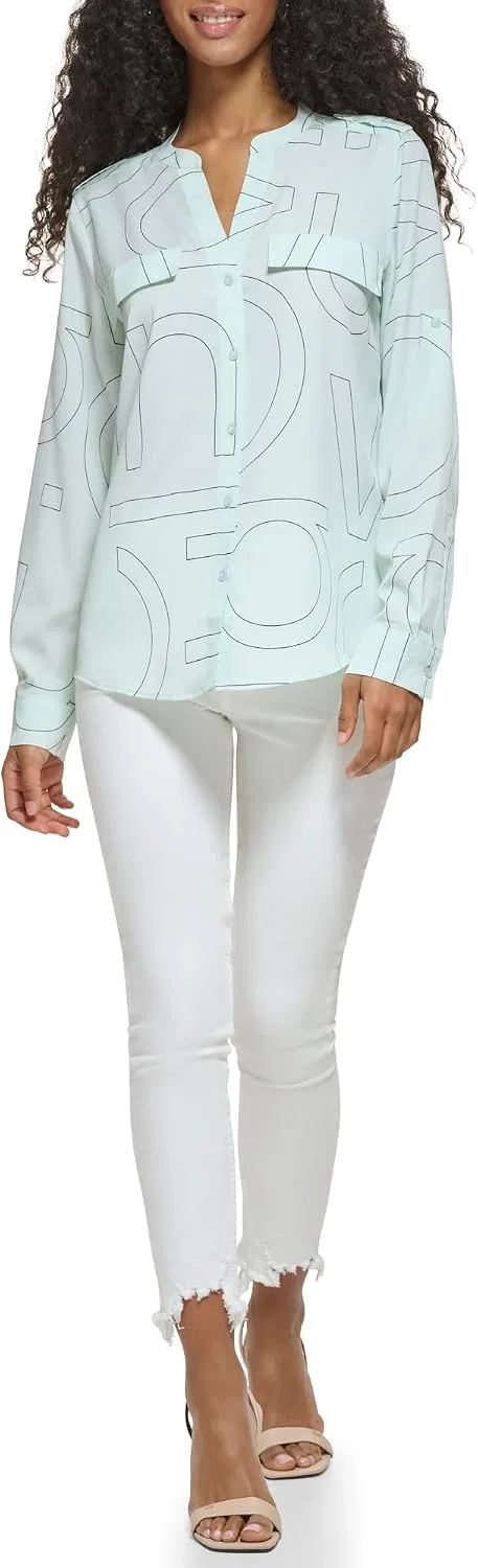 Блуза с принтом, поли CDC Pocket Poly CDC Roll Tab Sleeve, Calvin Klein, бирюзово-черный