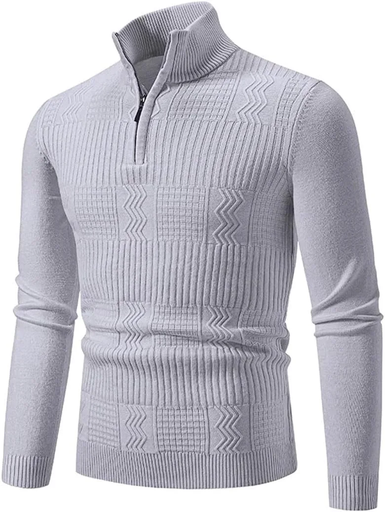 Мужской зимний полузастегивающийся вязаный пуловер Slim Fit с высоким воротником — фото 4