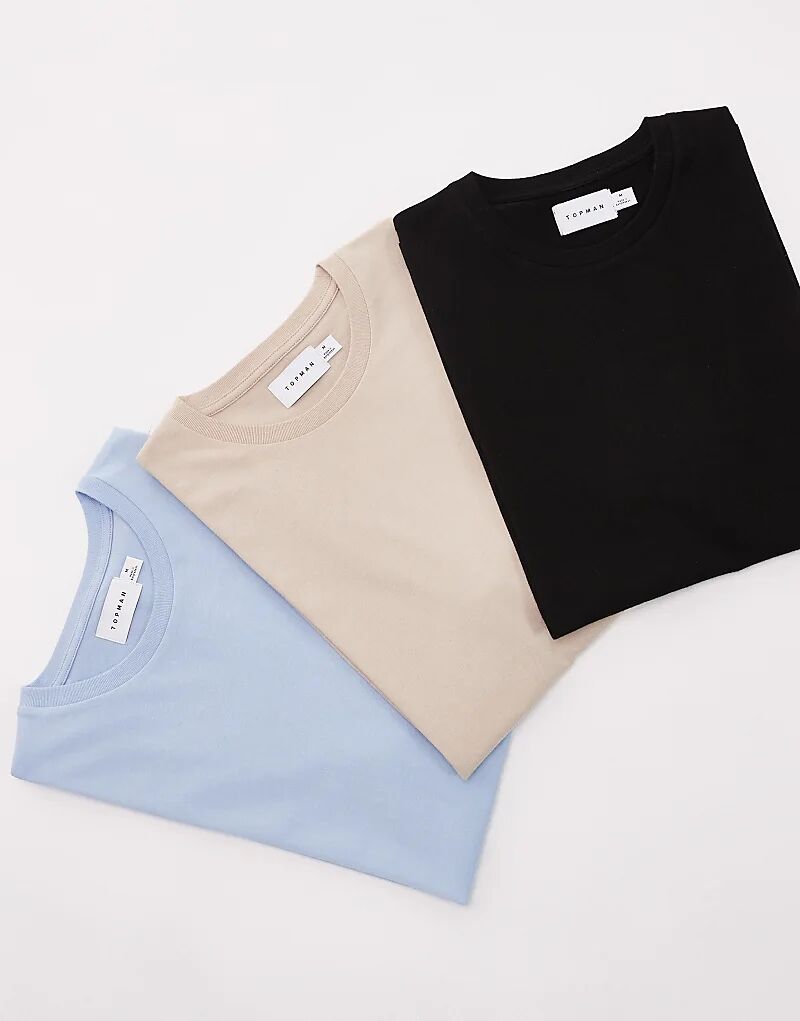 

Комплект из 3 футболок Topman стандартного кроя черного, песочного и светло-голубого цветов