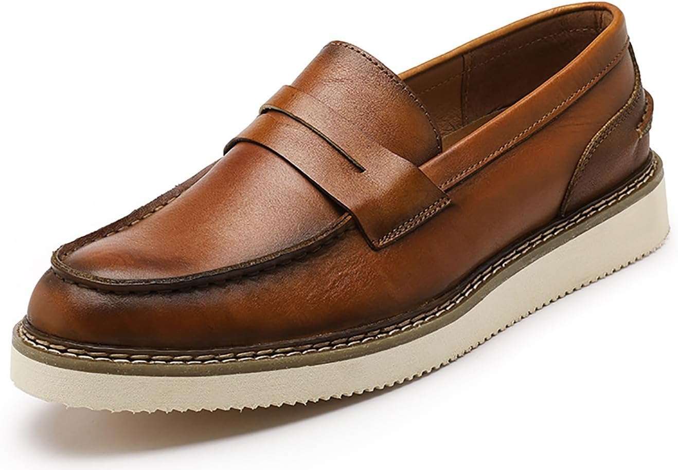 

Мужские слипоны Santimon, классические и повседневные кожаные лоферы с отделкой под пенни, модные и удобные лодочные туфли для мужчин, Tan