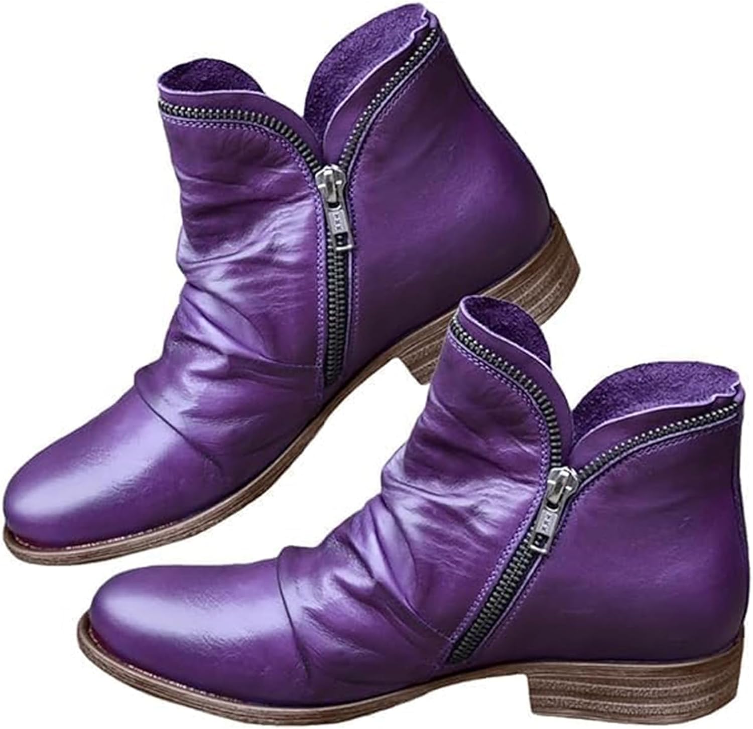 

Женские ботильоны с низким каблуком, круглый носок, двойная молния, короткие ботинки, винтажная кожа, амортизирующая, удобная обувь на плоской подошве, с легким надеванием Baxtayel, фиолетовый