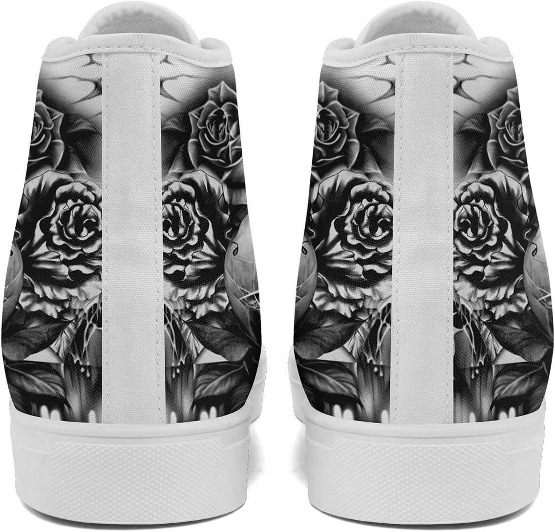 Крутые индивидуальные кроссовки Skull High Tops из холщовой ткани для мужчин и женщин, классические с шнуровкой, готический стиль, повседневные холщовые кроссовки Coolcustomize, белый/серый — фото 4