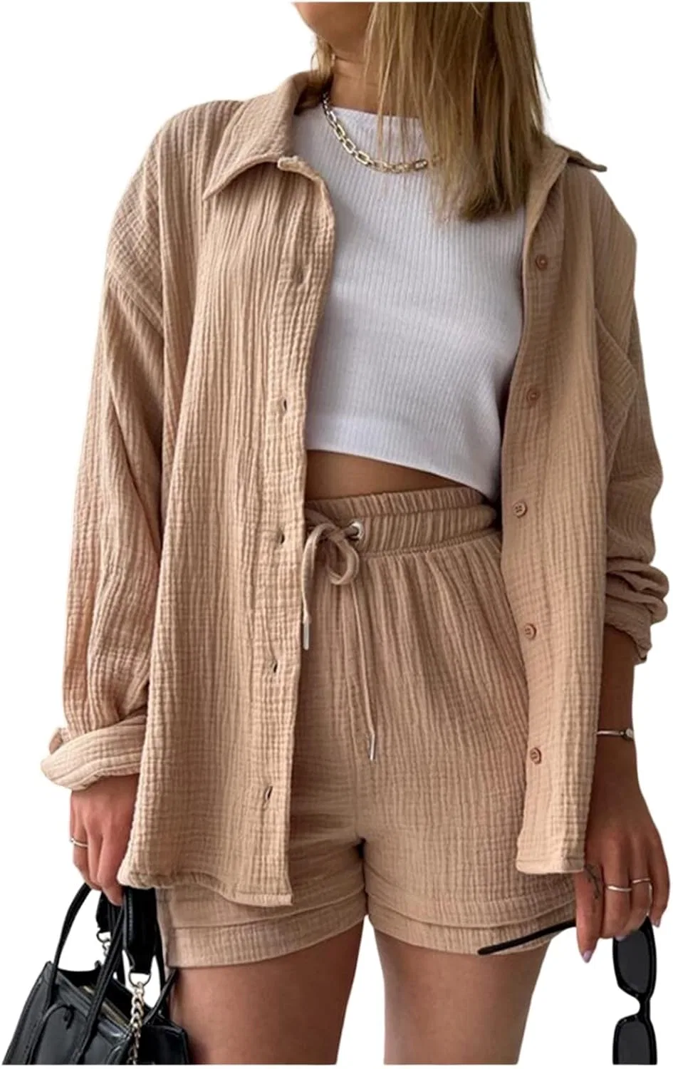Блуза с запахом, длинный рукав, свободная, Khaki, бренд QREXVOG