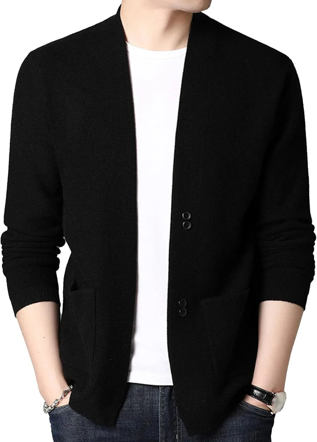 

Мужской вязаный кардиган с V-образным вырезом и пуговицами SWJGLITTR