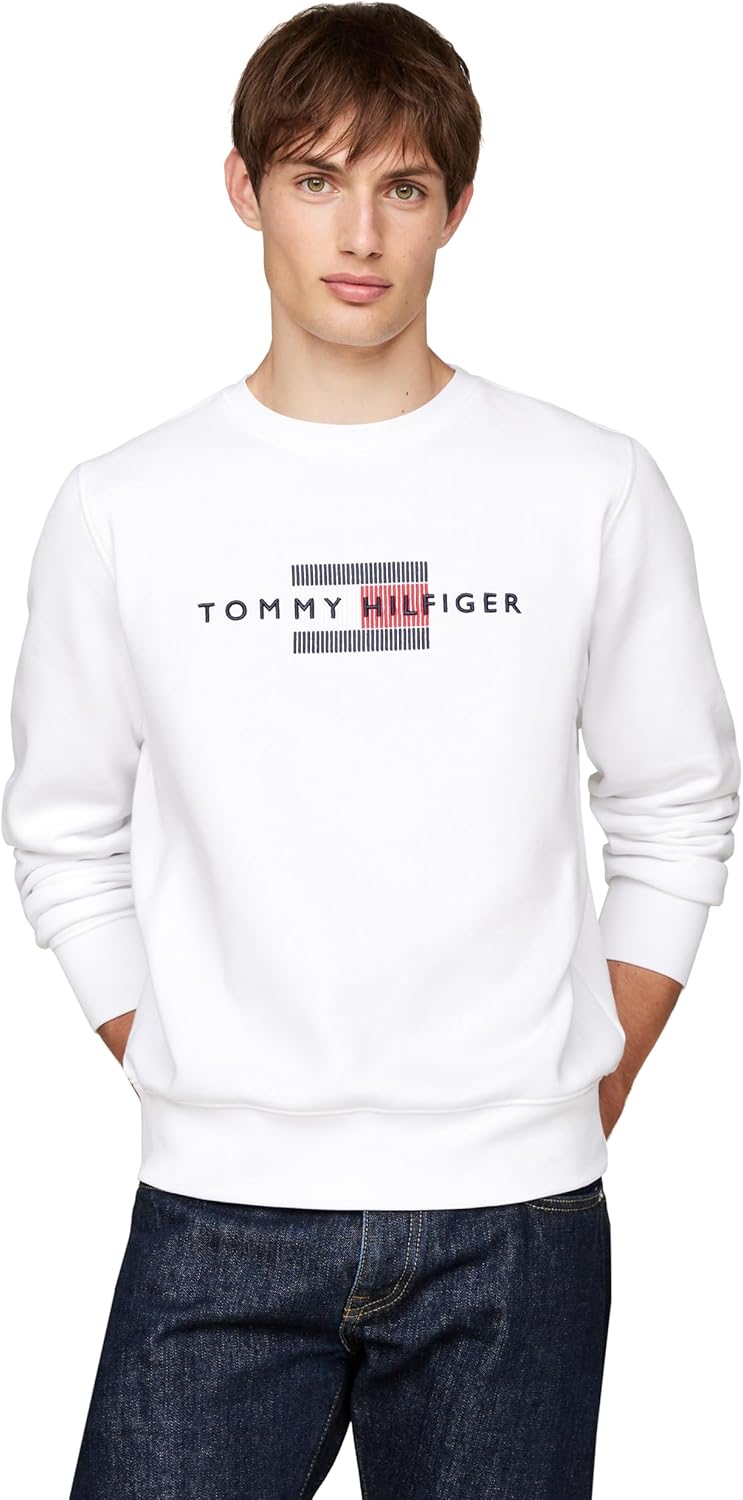 

Мужская толстовка Tommy Hilfiger средней плотности с круглым вырезом и вышитым логотипом-флажком, White