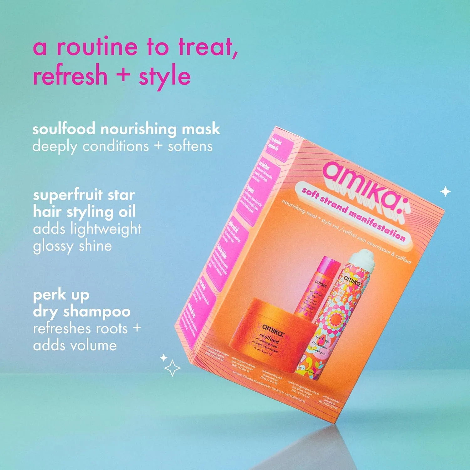 Набор для мягких волос amika soft strand manifestation nourishing treat + style set, полный размер soulfood, дорожный perk up + superfruit star — фото 3