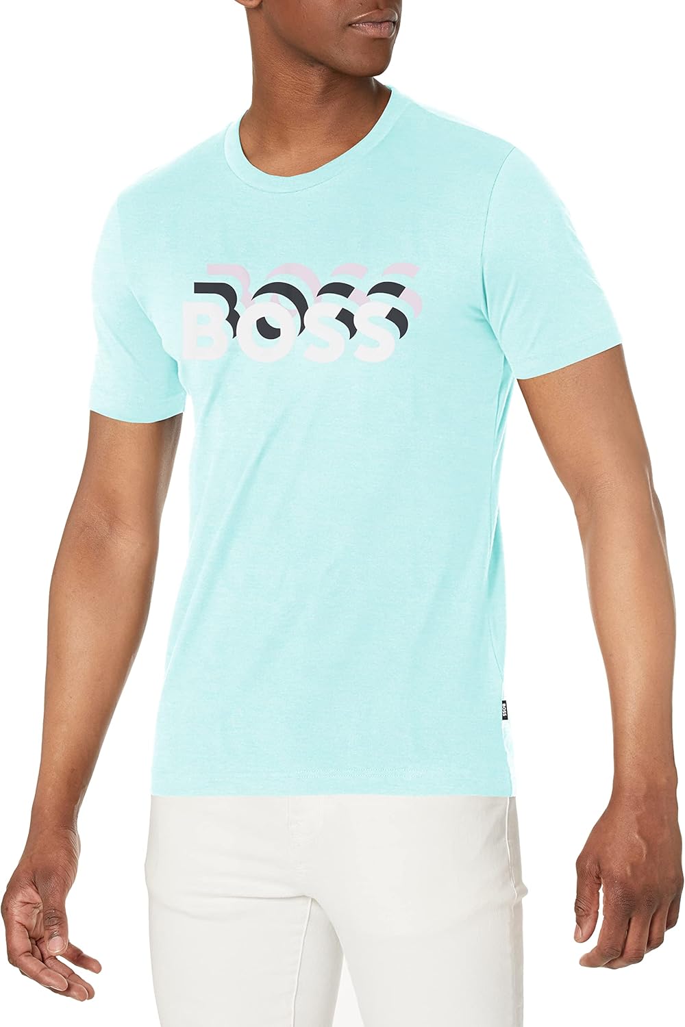 

Мужская облегающая хлопковая футболка BOSS с повторяющимся принтом логотипа, Island Turquoise, Синий, Мужская облегающая хлопковая футболка BOSS с повторяющимся принтом логотипа, Island Turquoise