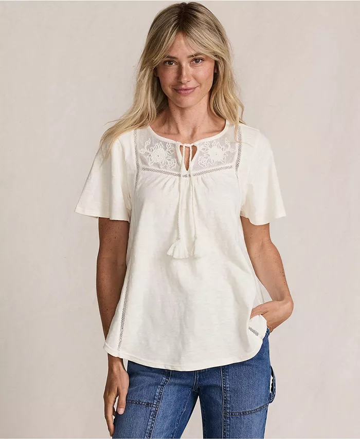 

Женская туника-топ с рукавами-крылышками, кружевной отделкой и вырезом под горло Lands' End, слоновая кость/кремовый