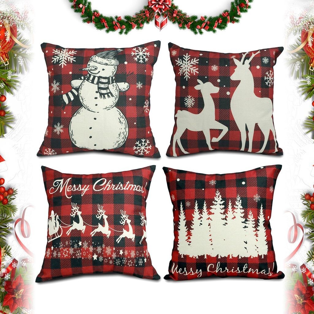 

Рождественские чехлы Freetoo, чехлы на подушки 50 х 50 см, комплект из 4 чехлов, чехлы на молнии, льняной вариант для декоративных подушек, декоративные рождественские подушки, рождественские чехлы, диванные подушки, красный