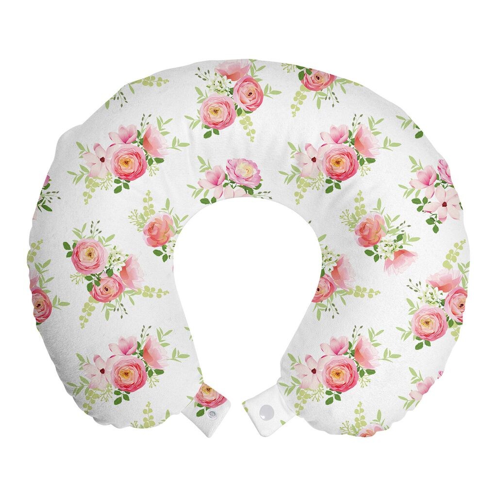 

ABAKUHAUS Shabby Flora Travel Pillow Подушка для шеи, Свежие бутоны магнолии, Пенопластовый дорожный предмет для самолета и автомобиля, 30x30 см, Зеленый Розовый Серый Белый