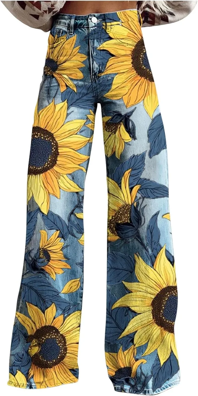 

Женские джинсы с высокой талией и широкими штанинами в стиле baggy с цветочным принтом