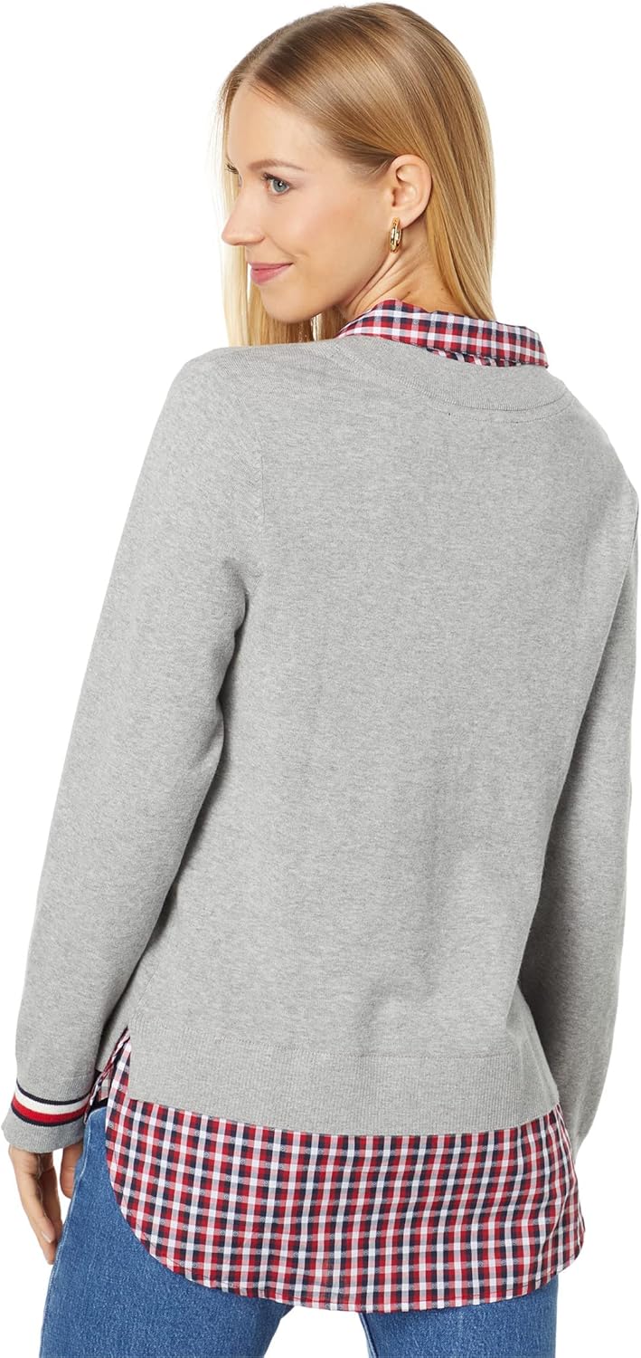 Женский хлопковый свитер Tommy Hilfiger с многослойным эффектом, Scarlet/Bop Check/Medium Heather Grey Multi — фото 2