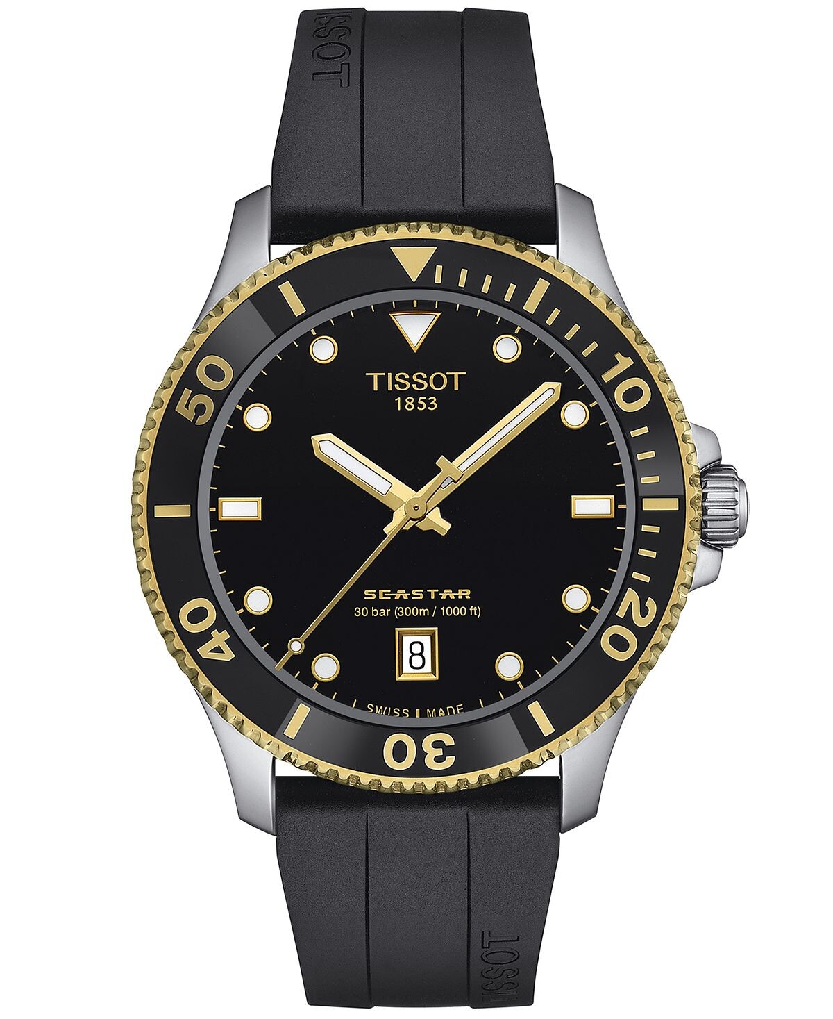 

Мужские часы Swiss Seastar 1000 с черным каучуковым ремешком, 40 мм Tissot