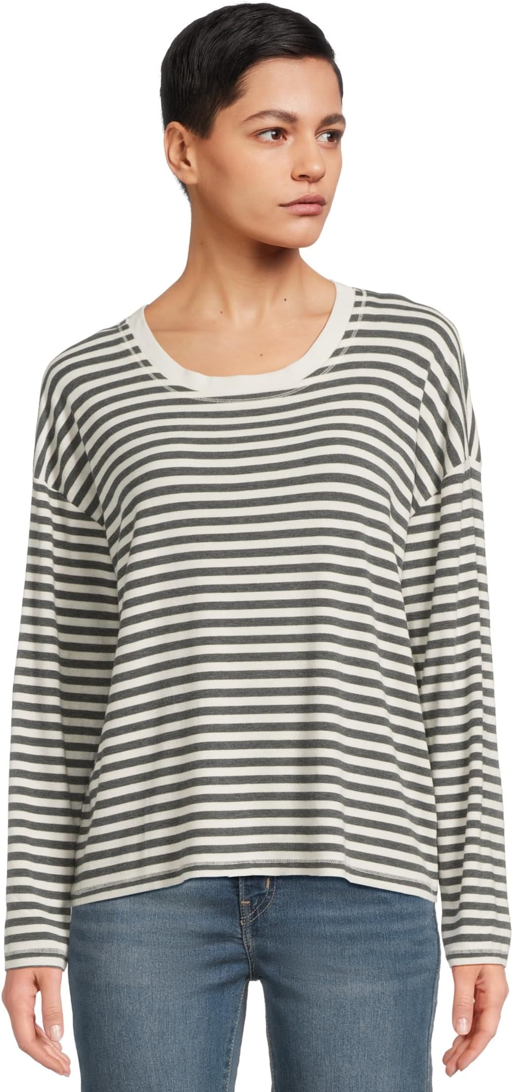 

Женская футболка свободного кроя с длинным рукавом и приспущенным плечом, круглым вырезом Mod-o-doc, Ivory/Charcoal Stripe