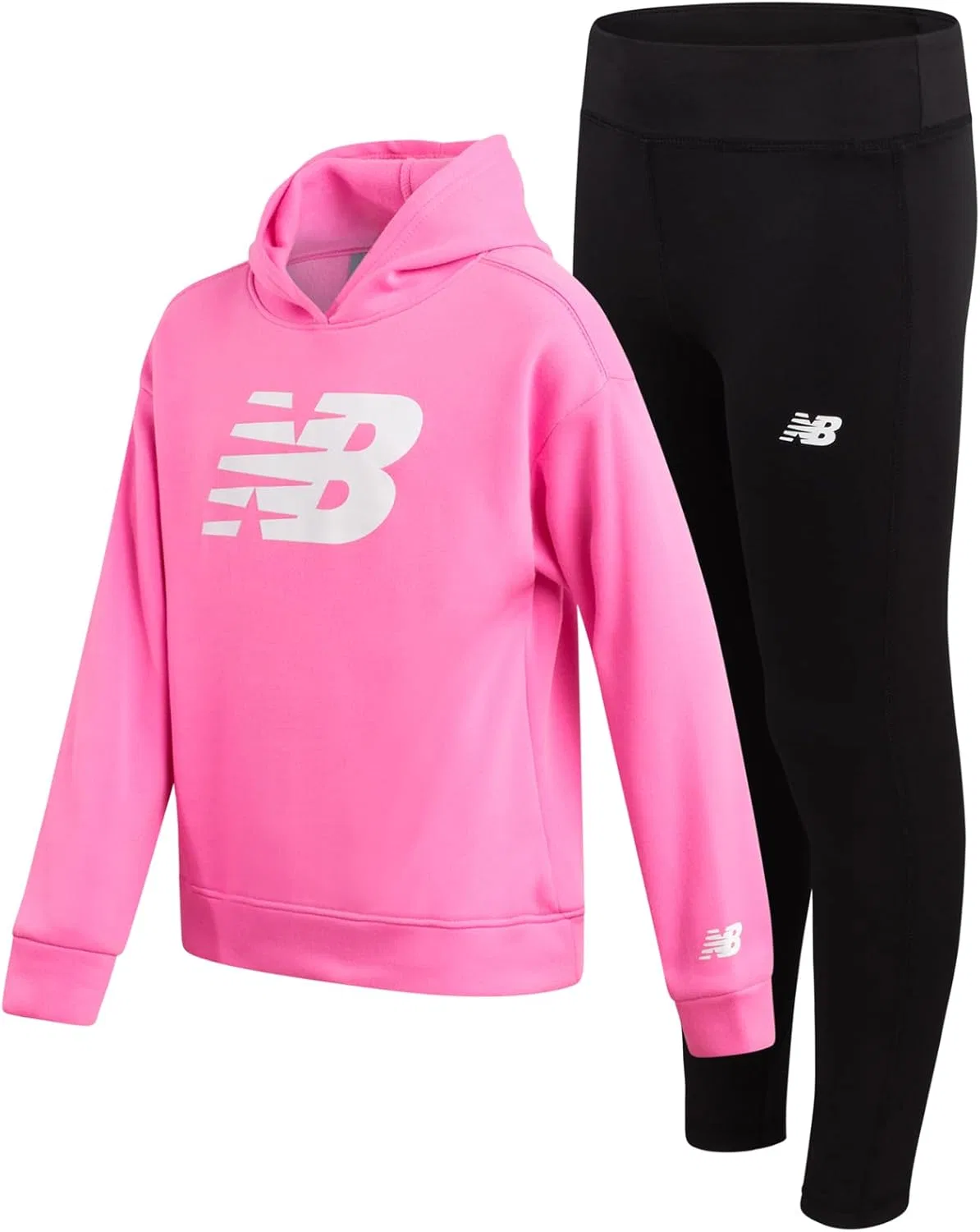 Комплект леггинсов New Balance для девочек - 2 предмета: пуловер, толстовка с капюшоном и спортивные леггинсы, детский спортивный костюм (7-12 лет), Vibrant Pink Black